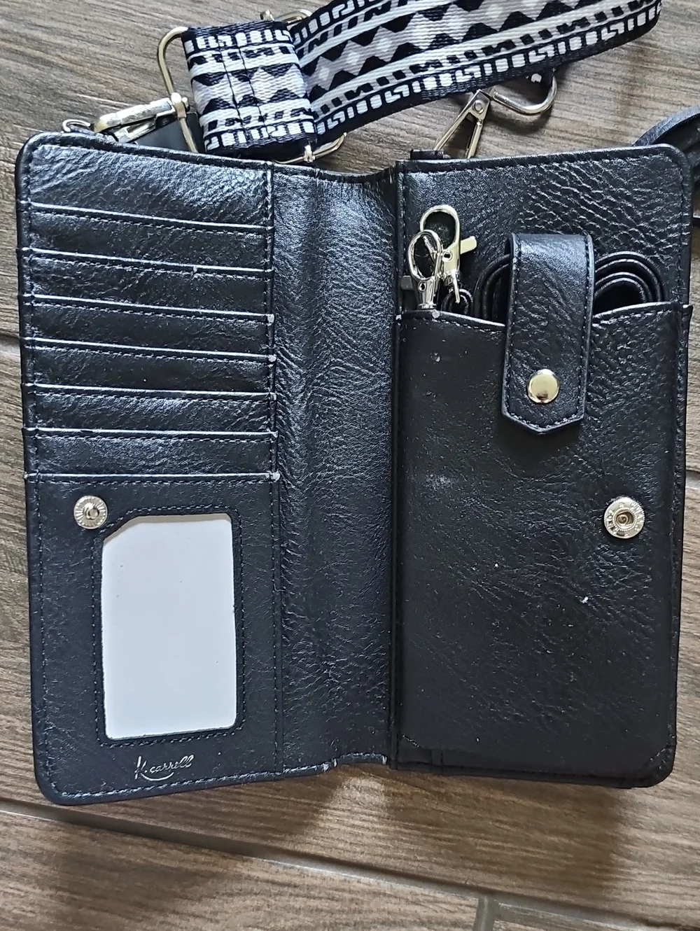Black Crossbody Phone Wallet with Patterned Strap